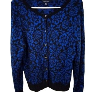 Lands End Cardigan Button Front  Blue/Black Floral Design w. Shimmer Tapered M